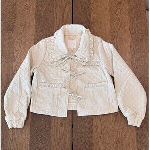 Avec Les Filles Quilted Cotton Tie Front Jacket Women’s M Cream Ruffles Pockets